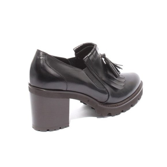 ITALIAN Black Leather Elastic Fringe Heel Platform Shoes - Picture 4 of 8